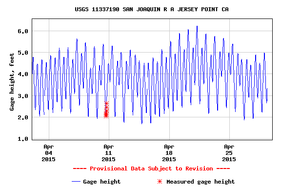 Figure 5.  Tidal effect on water surface elevation at Jersey Point in the lower San Joaquin River in April 2015.  A “spring” tide occurred from 4/17-4/25.   (Source:  USGS)