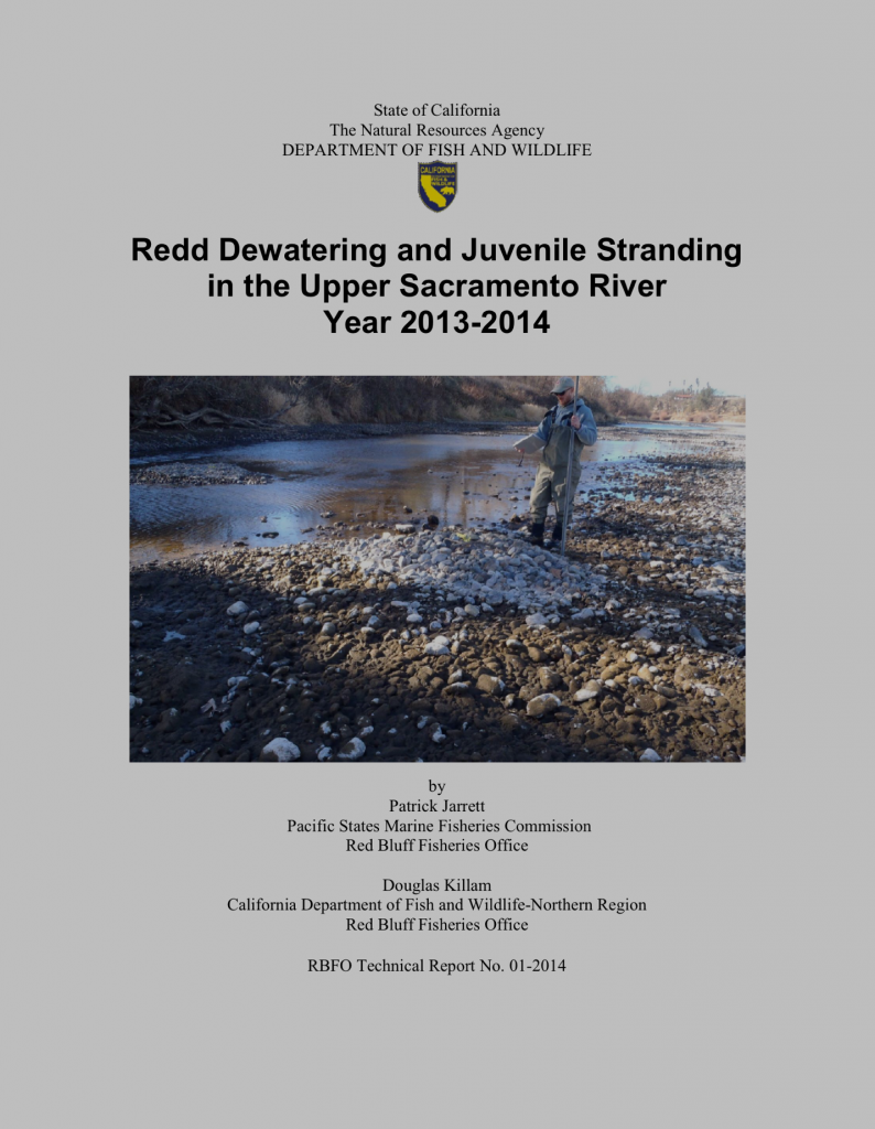 CDFW Report on stranding mortality of salmon eggs and alevins in the Sacramento River in late summer 2014. It is obvious from the report’s cover photo that the problem was not just water temperature.