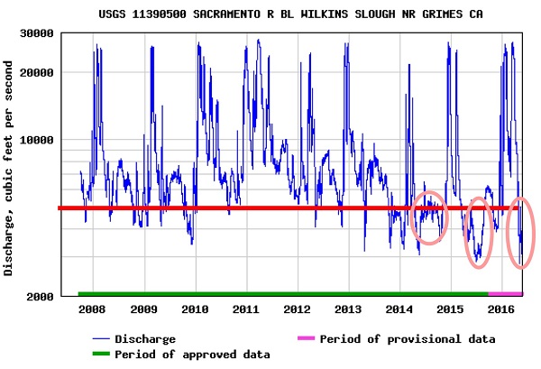 Figure 5. Sacramento River flow at Wilkins Slough (RM 125) 2008-2016. Circles denote unusually low flows 2014-2016.