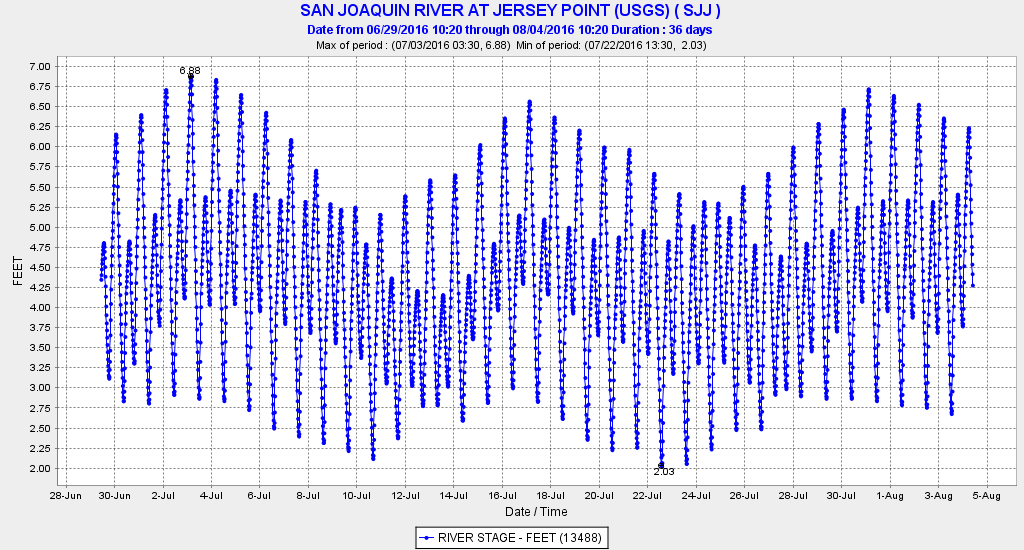 Figure 4. Hourly water level (gage height) at Jersey Point over past month.