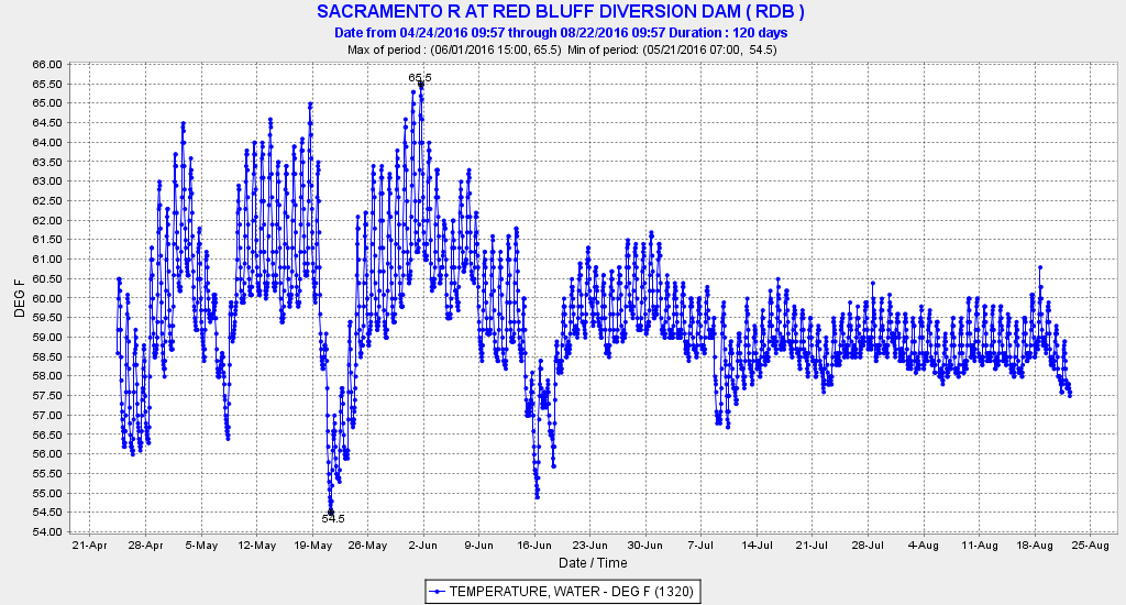 Chart 3. Water temperature in Sacramento River at Red Bluff from late spring through summer 2016.