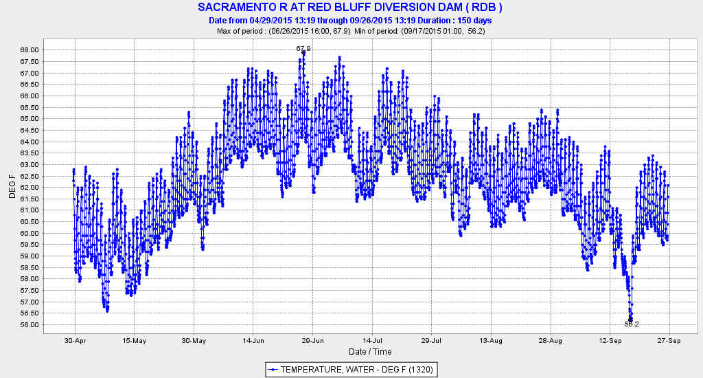 Chart 5. All 150 days from May through September were higher than the 56°F Basin Plan objective for Red Bluff. 