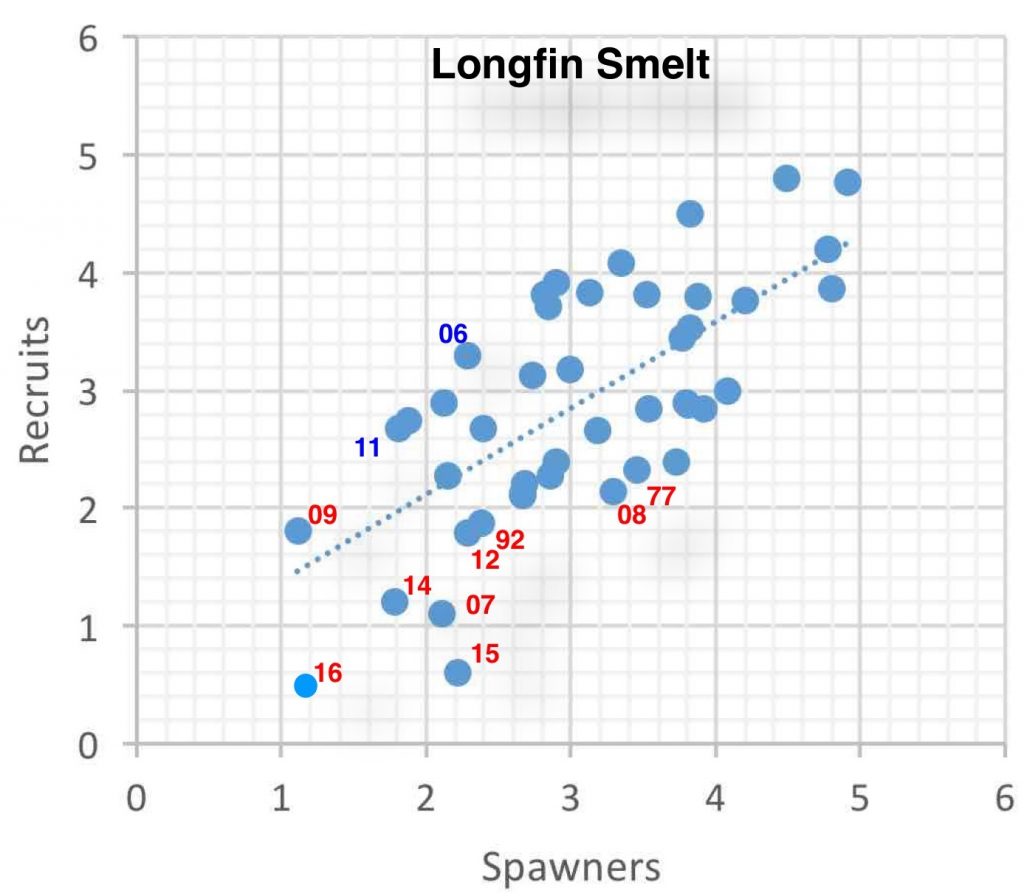 Figure 1.  Longfin Recruits (Fall Midwater Trawl Index) vs Spawners (Index from two years prior) in Log10 scale.  The relationship is very strong and highly statistically significant.  Taking into account Delta outflow in winter-spring makes the relationship even stronger.  Recruits per spawner are dramatically lower in drier, low-outflow years (red years).  The low recruitment in 2015 and 2016 does not bode well for future recruits in 2017 and 2018: it is likely that the values will be closer to 0/0.