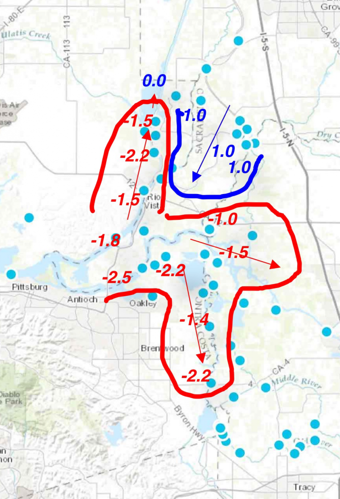 Figure 1. Flood tide channel current velocities in feet/second in early January 2017. Arrows depict current direction on flood tides. Sacramento River net downstream flow was 30,000-50,000 cfs, which overwhelmed the flood tide. Light blue dots are flow gaging stations. Basemap source with gaging stations is DWR/CDEC.
