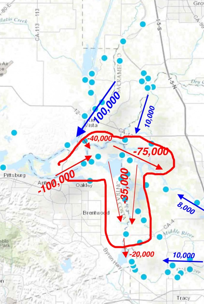 Figure 1. Approximate flood tide flow in cubic feet per second in mid to late January 2016. Blue arrows represent high Sacramento River, San Joaquin River and Mokelumne River flows (during flood tides). Red arrows depict negative flows of incoming tides. Note the south Delta incoming tide of -20,000 cfs would be less if not for the 14,000 cfs export rate at the south Delta pumping plants.