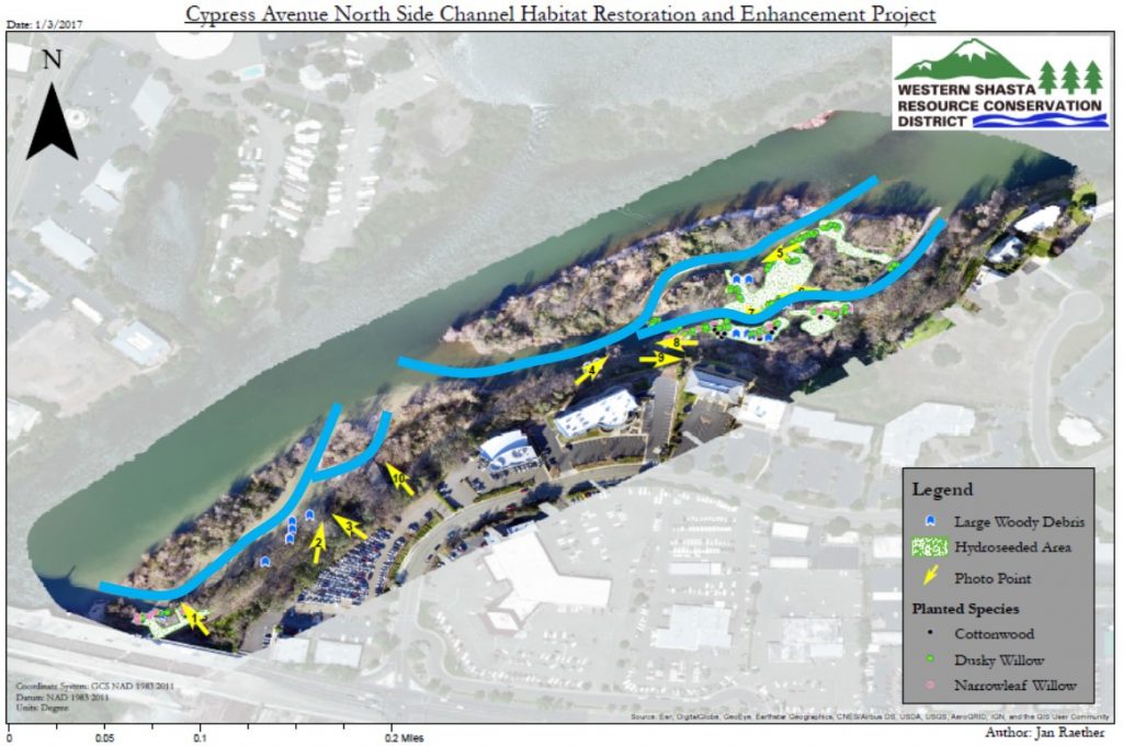 Figure 3.  Post-construction schematic of the North Cypress side-channel project.  Restored side channels are depicted by blue lines (courtesy of the Western Shasta Resource Conservation District).  Sacramento River flow is from the upper right to the lower left in the photograph.