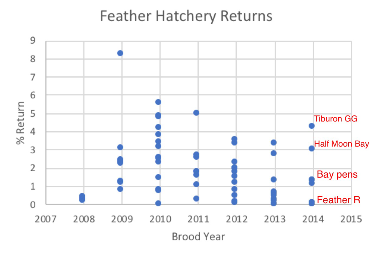 Figure 3. Feather River hatchery smolt release survival to adults from 2008-2014 brood years based on coded-wire-tag returns. Data Source: https://www.rmis.org/. 