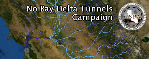 No Bay Delta Tunnels Banner, stream line credit U.S. Geological Survey  Department of the Interior/USGS