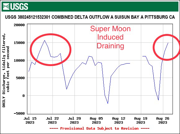 Graph of Daily average (tidally filtered) discharge at Pittsburg gage in Suisun Bay summer 2023.