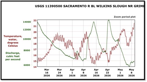 Figure 1. Sacramento River streamflow and water temperature at Wilkins Slough in the lower prime spawning reach of white sturgeon in spring 2026.