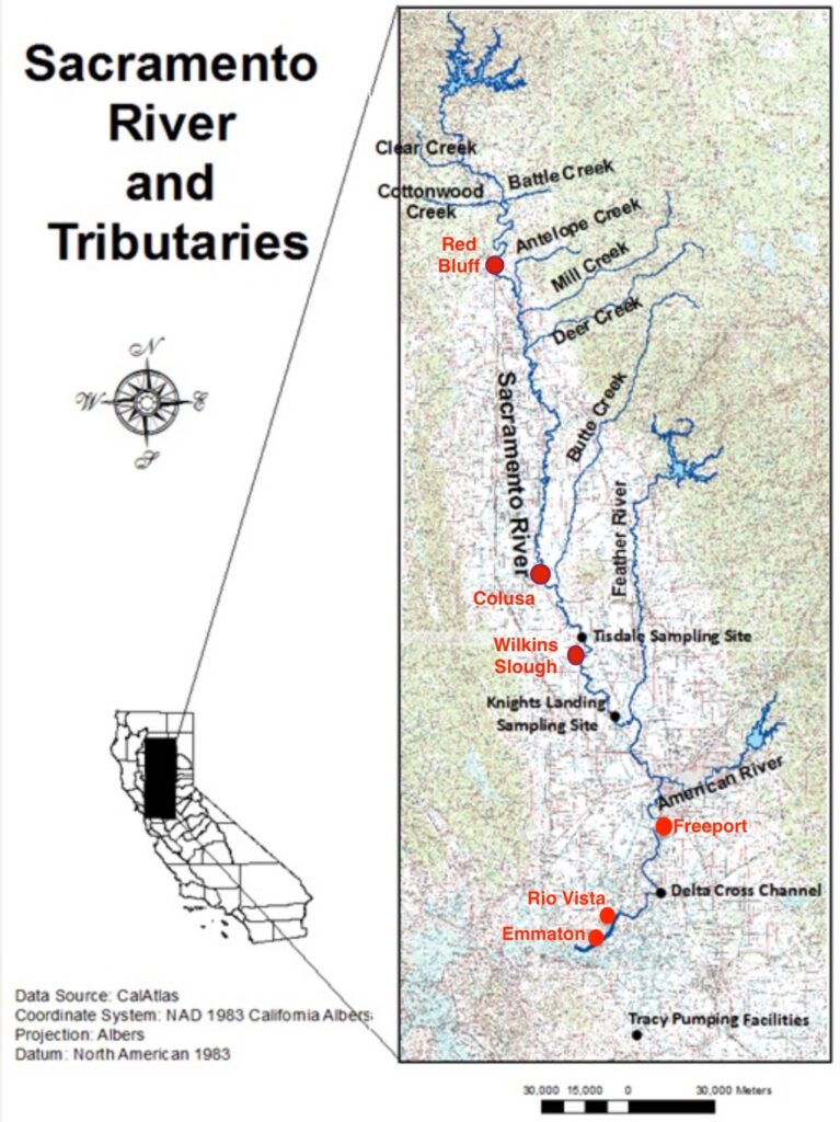 Figure 1. Sacramento River system and major water gaging locations in red.