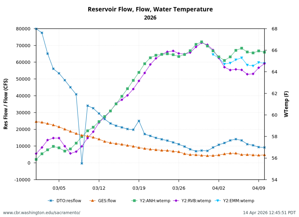 Figure 3. Delta outflow and Sacramento River channel flow below rhe Delta Cross Channel (GES) along with west Delta water temperatures at Antioch (ANH), Rio Vista (RVB), and Emmaton (EMM) in early spring 2026.
