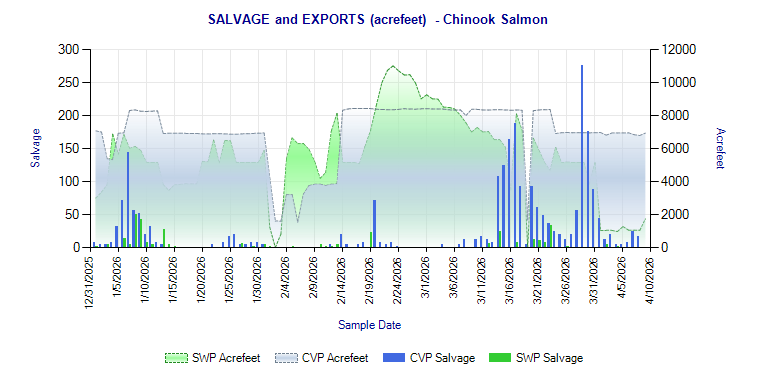 Figure 7. Export rates and juvenile salmon daily salvage at south Delta export pumping planrs in winter and early spring 2026.
